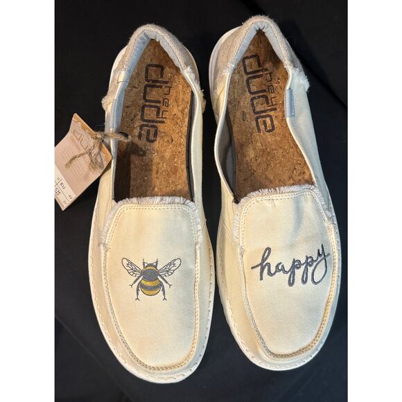 Women’s Hey Dude Lenas, NWT Natural Turtledove, Bee Embroidery, Cork Insole Sz11 - Picture 2 of 12